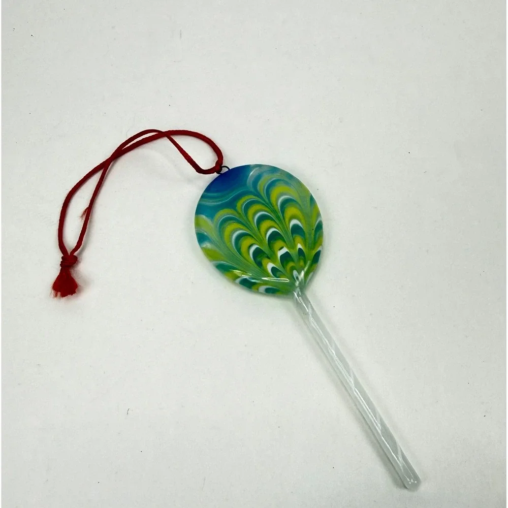 Handmade Art Glass Hair Pin Peacock Feather Design Teal Yellow with Red Box